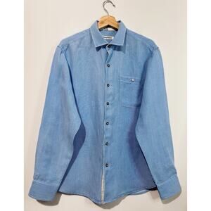 Tommy Bahama Mens Button Down Shirt M Linen Blend White Blue Striped Long Sleeve